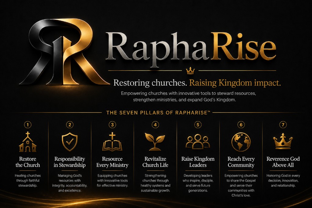 The Seven Pillars of RaphaRise — Restore the Church, Responsibility in Stewardship, Resource Every Ministry, Revitalize Church Life, Raise Kingdom Leaders, Reach Every Community, and Reverence God Above All.